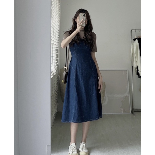 VÁY YẾM DENIM VIỀN CHỈ CHUN LƯNG STYLE ULZZANG 0403