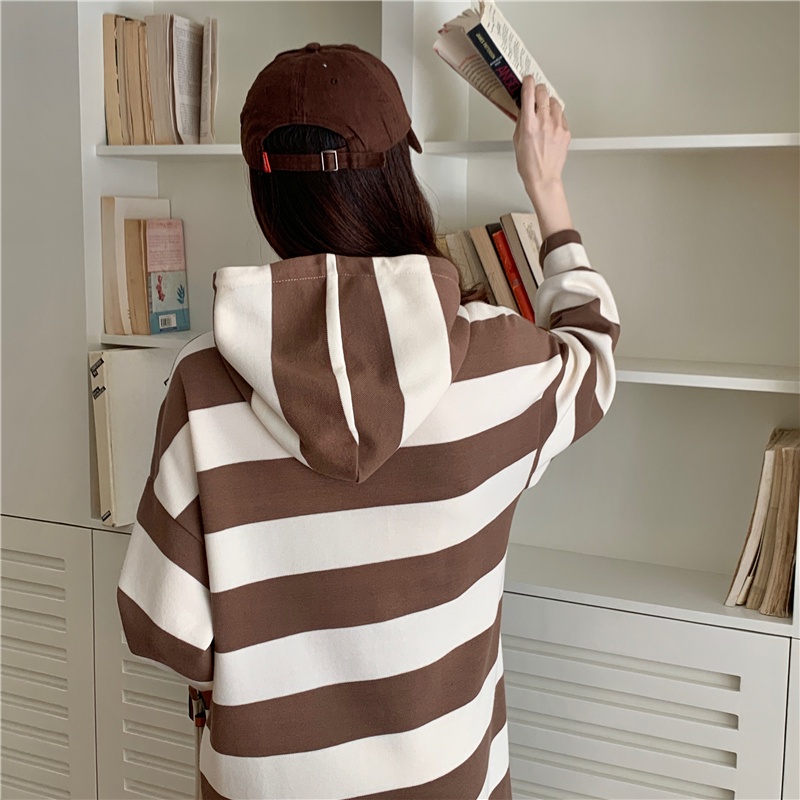 SUXI Đầm Midi Tay Dài Có Túi Hoạ Tiết Kẻ Sọc Thiết Kế Dáng Rộng Thoải Mái