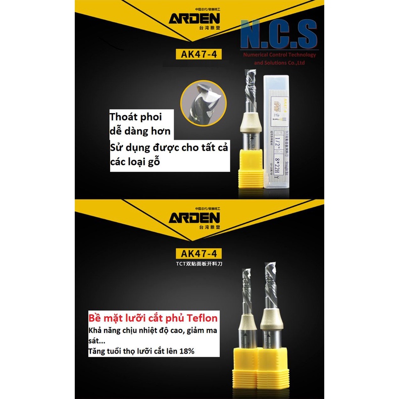 ARDEN AK47-4 - Mũi dao cắt gỗ CNC 6.0-8.0mm UP/DOWN 2 lưỡi xoắn TCT phủ teflon