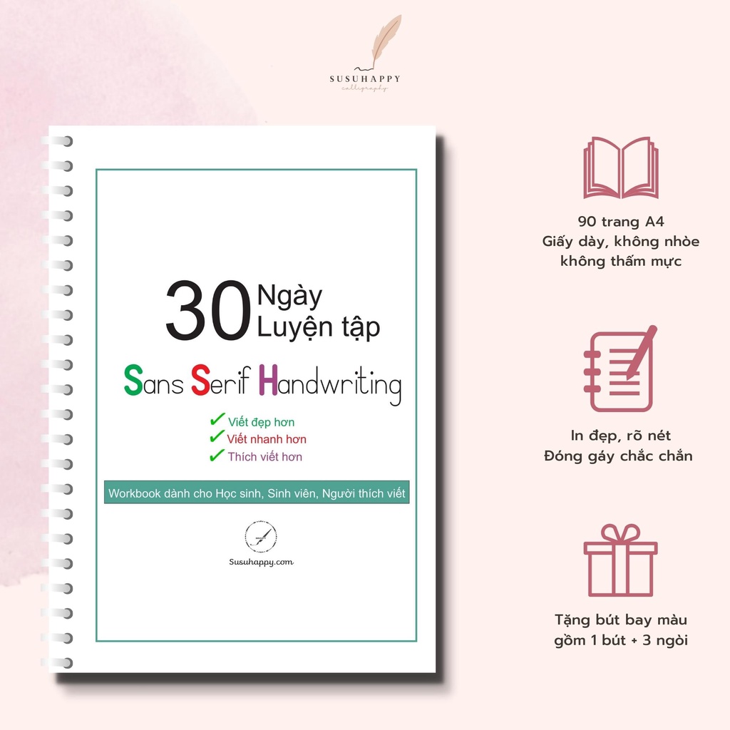 Workbook Luyện Viết Chữ Sans Serif Handwriting (Chữ Không Chân) Dành Cho Người Mới Tập-Tặng Kèm Bút Bay Màu+3 Ngòi Thay