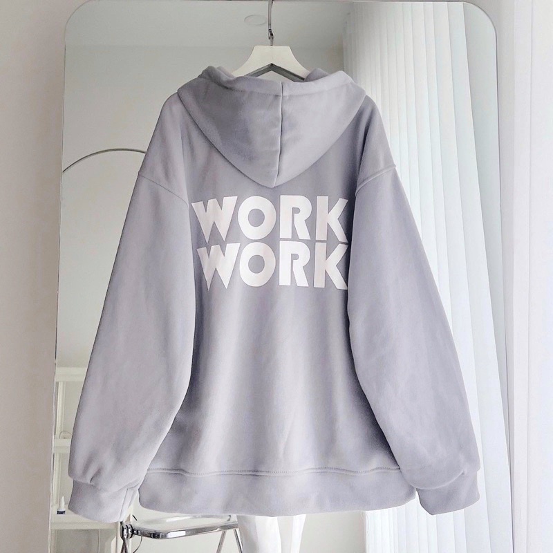 [chính hãng ] Áo Khoác Zip Kéo Form Rộng Xám Chữ WORK - pqk boutique