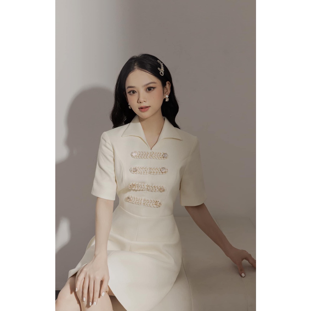 Đầm chữ A đi dự tiệc cưới, thiết kế cổ V, tay ngắn xinh xắn - Suzy