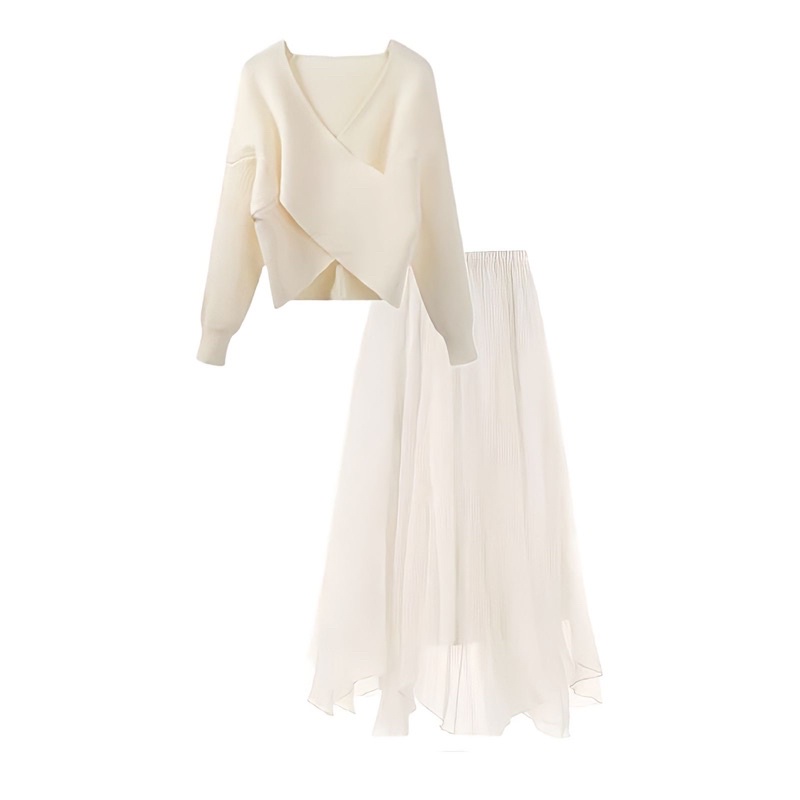 Set áo len trễ vai kèm chân váy 3 lớp lấp lánh