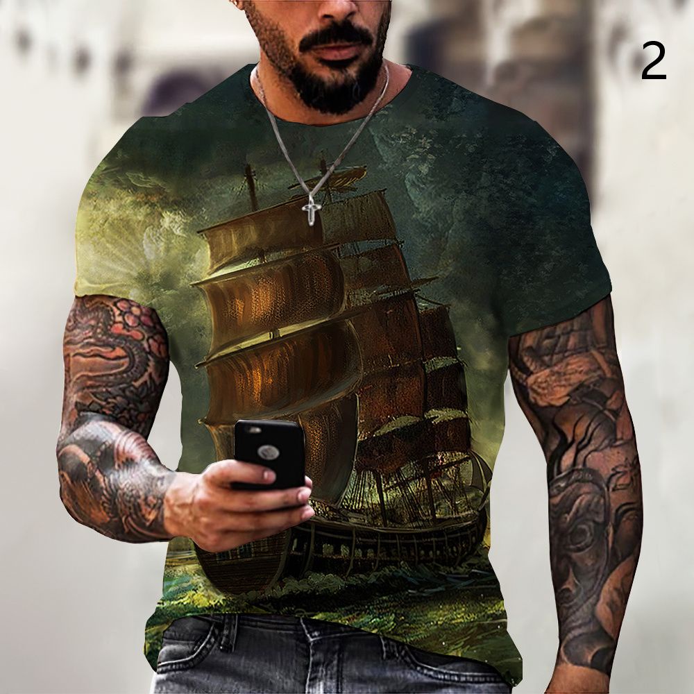 Áo Thun Tay Ngắn Cổ Tròn In Hình Thuyền Buồm Thời Trang 2022 Cho Nam Size XXS ~ 6XL