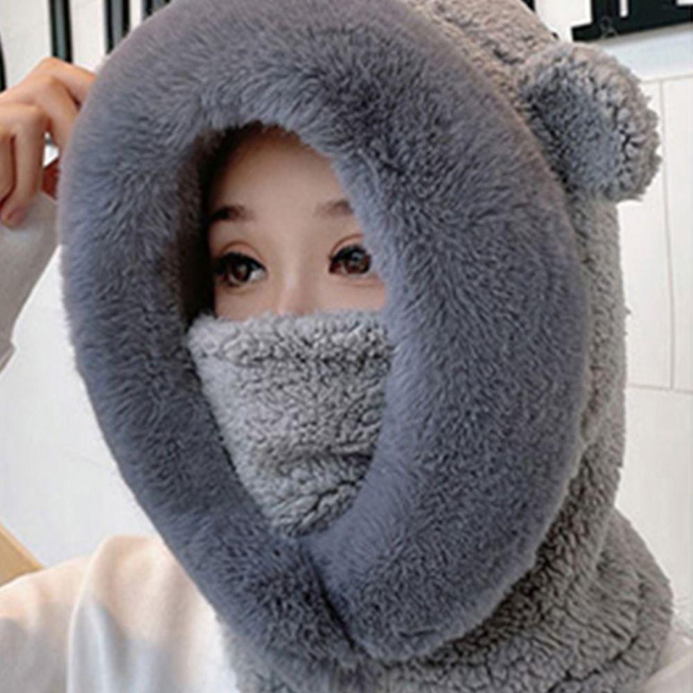 Mũ Trùm Đầu Kiêm Khăn Choàng Cổ Giữ Ấm Tai Gấu Chống Lạnh Màu Tương Phản Dễ Thương Thời Trang Cho Nữ