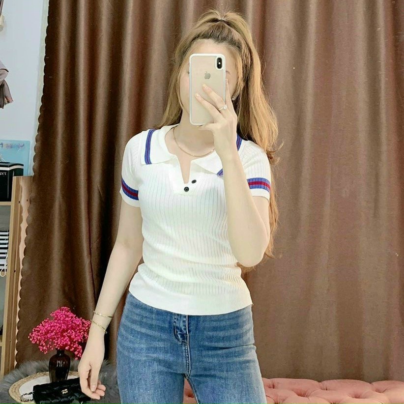 Áo thun nữ cổ polo tay ngắn viền sọc xanh đỏ ôm body form lửng cực đã mùa hè MC