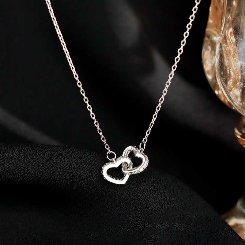 (video ảnh thật) Dây chuyền bạc ta 2 trái tim đính đá lồng nhau gắn kết vòng cổ nữ bạc thật giá rẻ