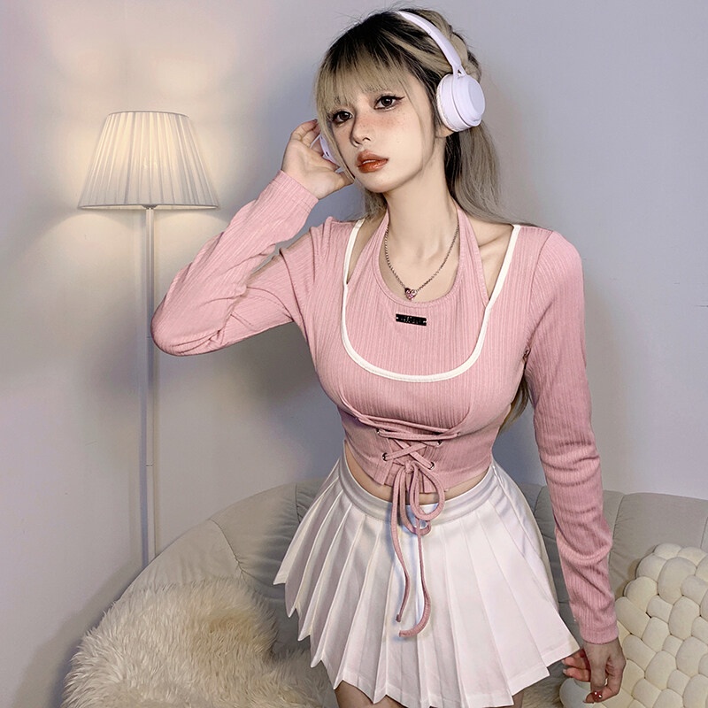 Áo croptop WEIRD PUSS tay dài cổ yếm phối dây cột màu hồng phong cách ngọt ngào thời trang cho nữ