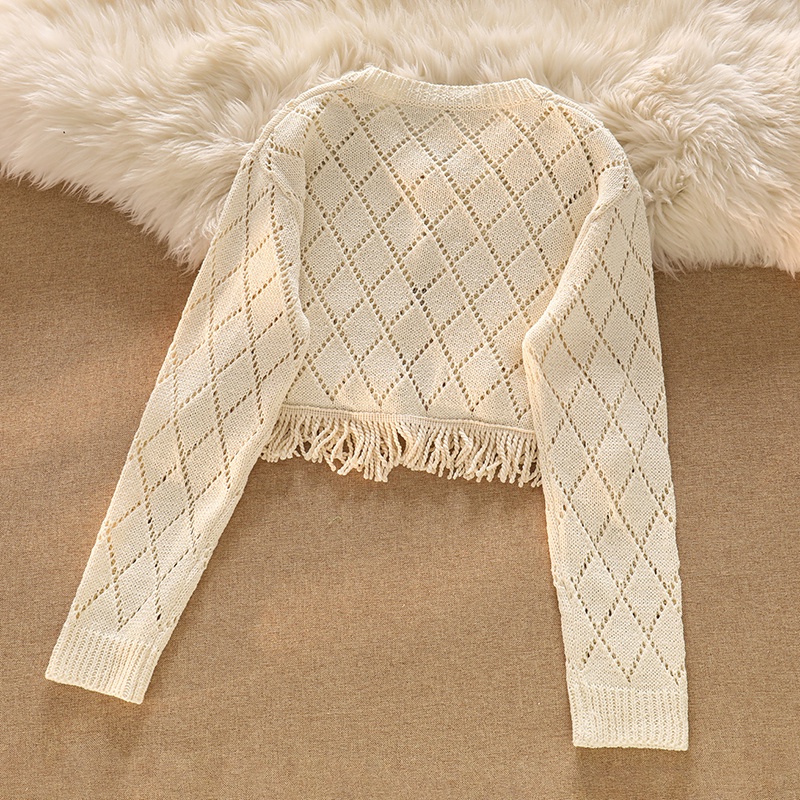 NUZIRO Bộ đồ  gồm áo cardigan dệt kim ngắn phối tua rua và quần dài dây rút phong cách Pháp thời trang cho nữ