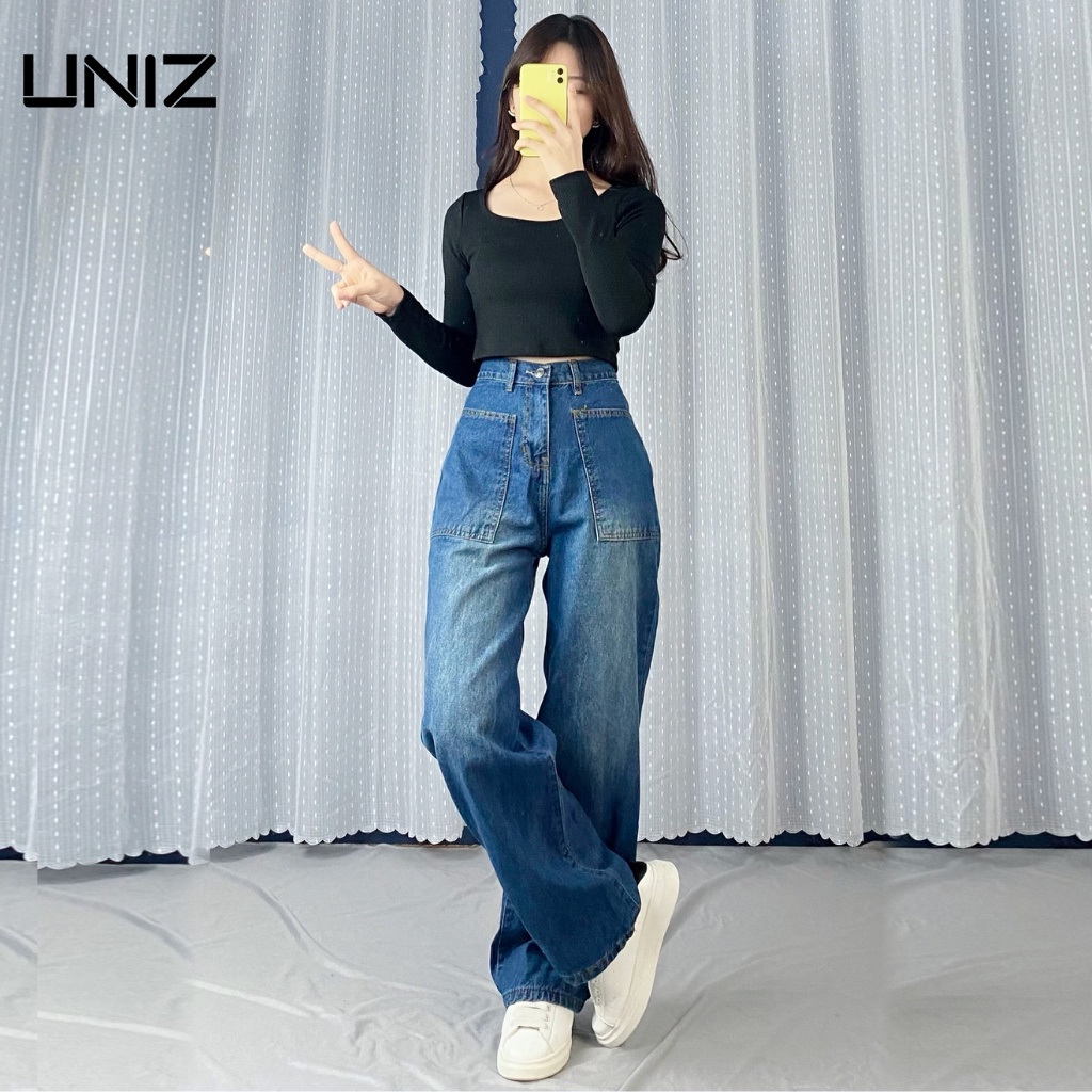 ( Ảnh thật ) Quần jean suông ống rộng 2 túi trước dáng dài , vải jean cao cấp UNIZ - Quanjeansuong2tuitruoc254/P1K1