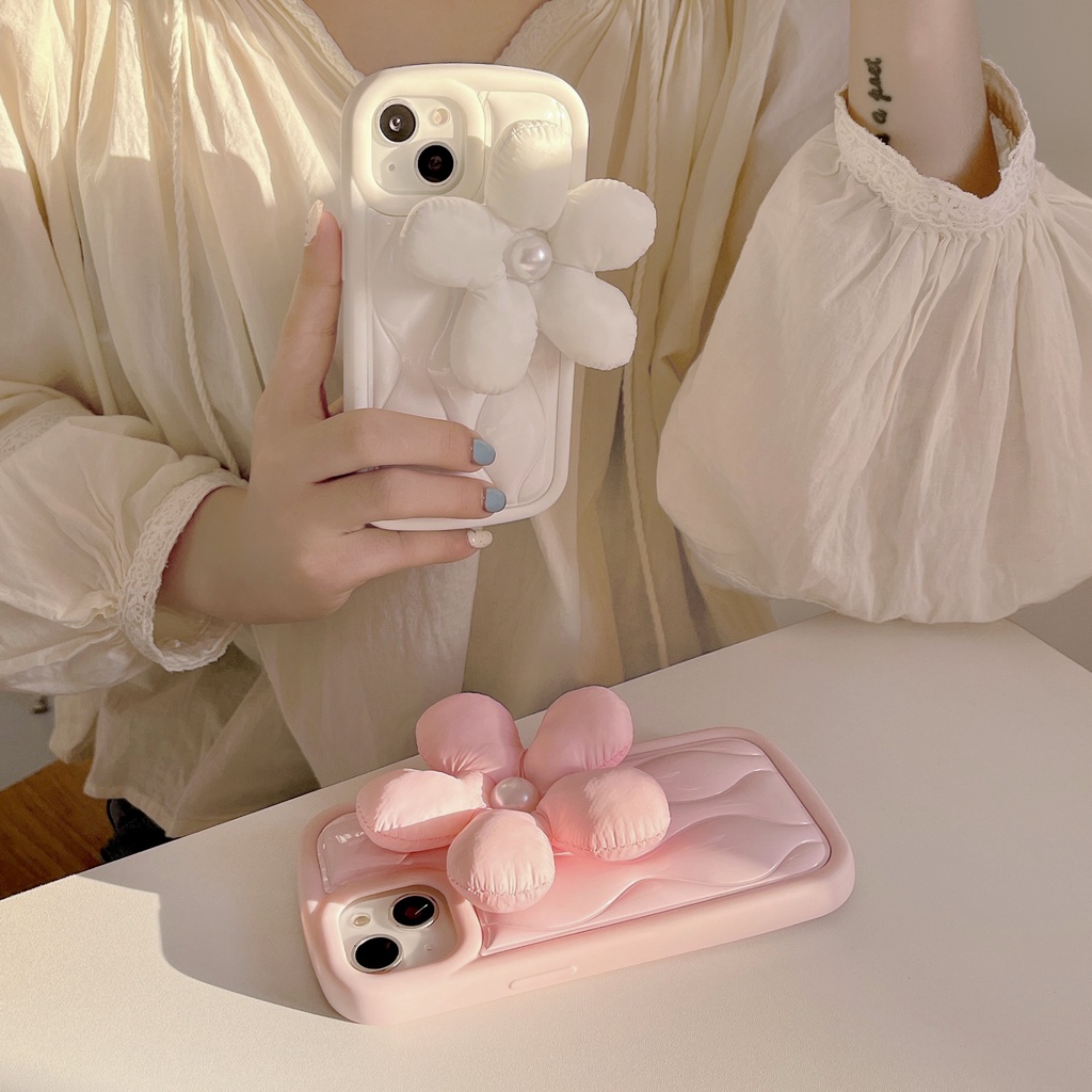 Ốp Điện Thoại TPU Dẻo Màu Trắng Hồng Họa Tiết Hoa 3D Dễ Thương Cho iPhone 14 13 12 11 Pro Max Plus