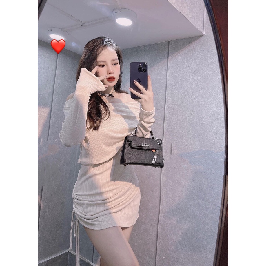 Đầm tay dài trễ vai ôm body dáng ngắn rút dây 1 bên cực hot , chất thun gân mềm mịn