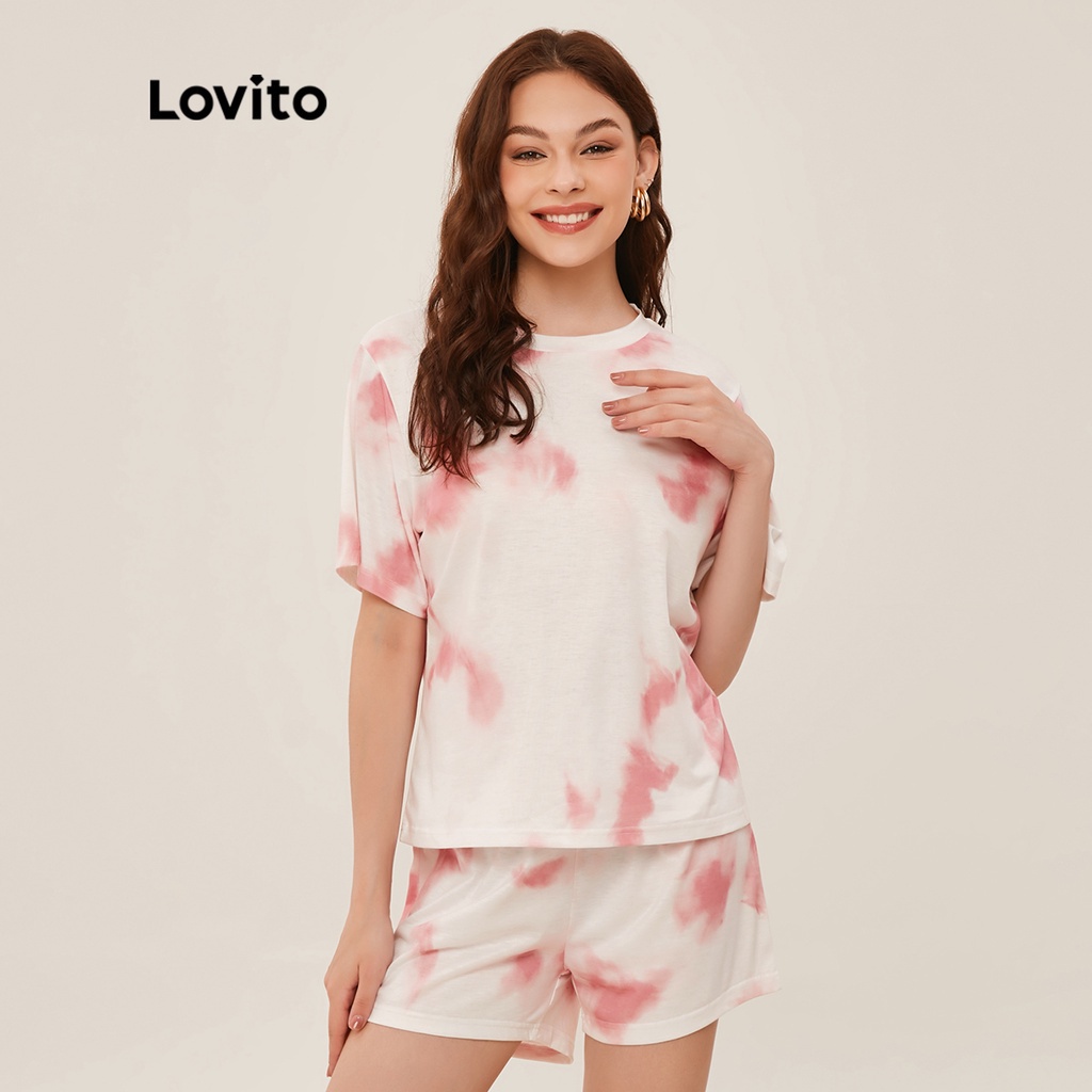 Lovito Bộ Đồ Ngủ Pijama Cổ Tròn Eo Co Giãn Nhuộm Màu Loang L20D438