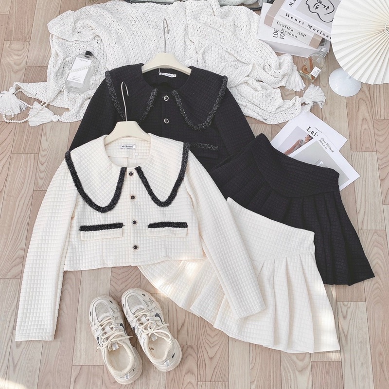 Set chân váy xếp ly kèm áo croptop, Bộ áo sơ mi ngắn cổ bẻ kèm chân váy, Set chân váy áo sơ mi cách điệu chất liệu xốp