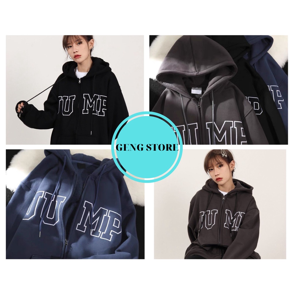 Áo Hoodie Zip Unisex JUMP In Chữ 3 Màu, Áo Khoác Nỉ Mũ 2 Lớp Dây Rút Cách Điệu Nam Nữ Phong Cách Đường Phố Hàn Quốc