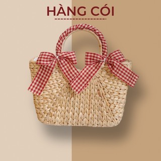 Túi cói lục bình mini size 19cm quấn nơ caro đỏ vintage-Hàng Cói