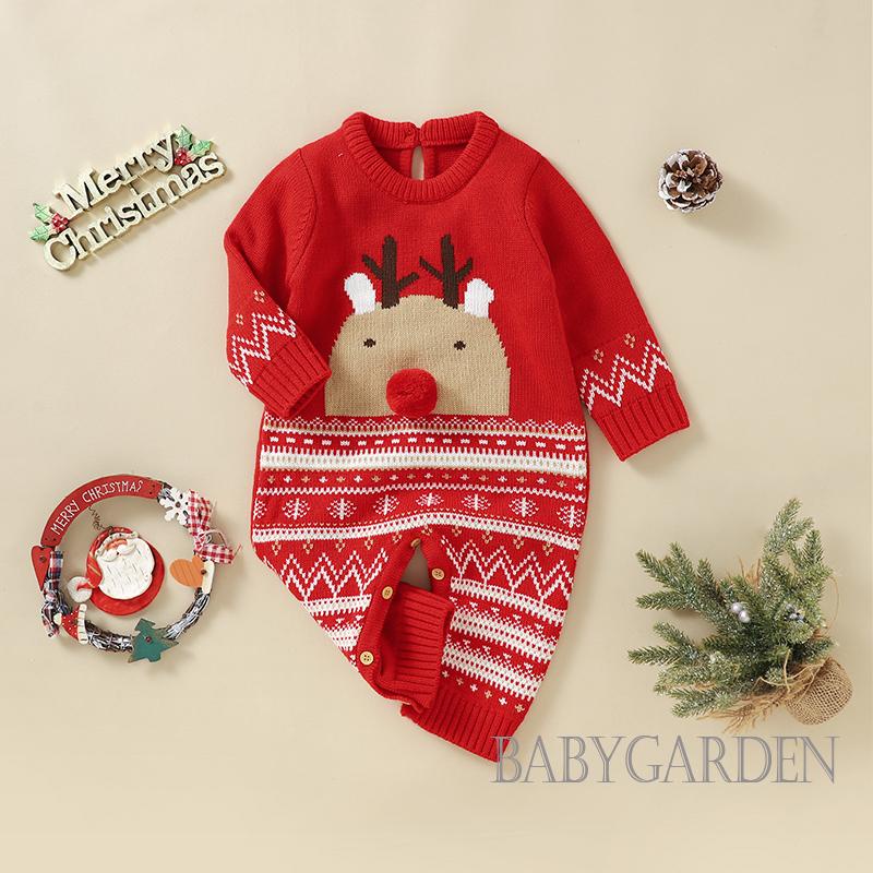 Áo Liền Quần Dài Tay Cổ Tròn In Hình Tuần Lộc Dễ Thương Cho Bé 0-18 Tháng Tuổi