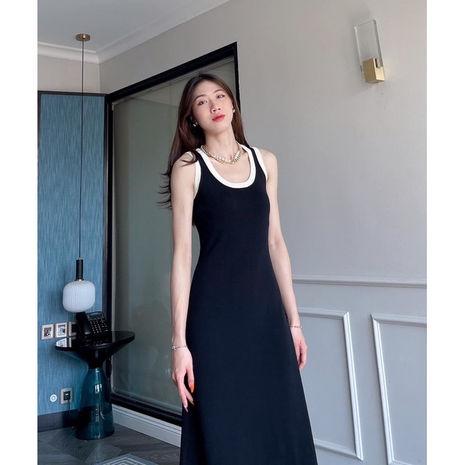 Đầm maxi cổ tròn,không tay,viền trắng cá tính.🖤