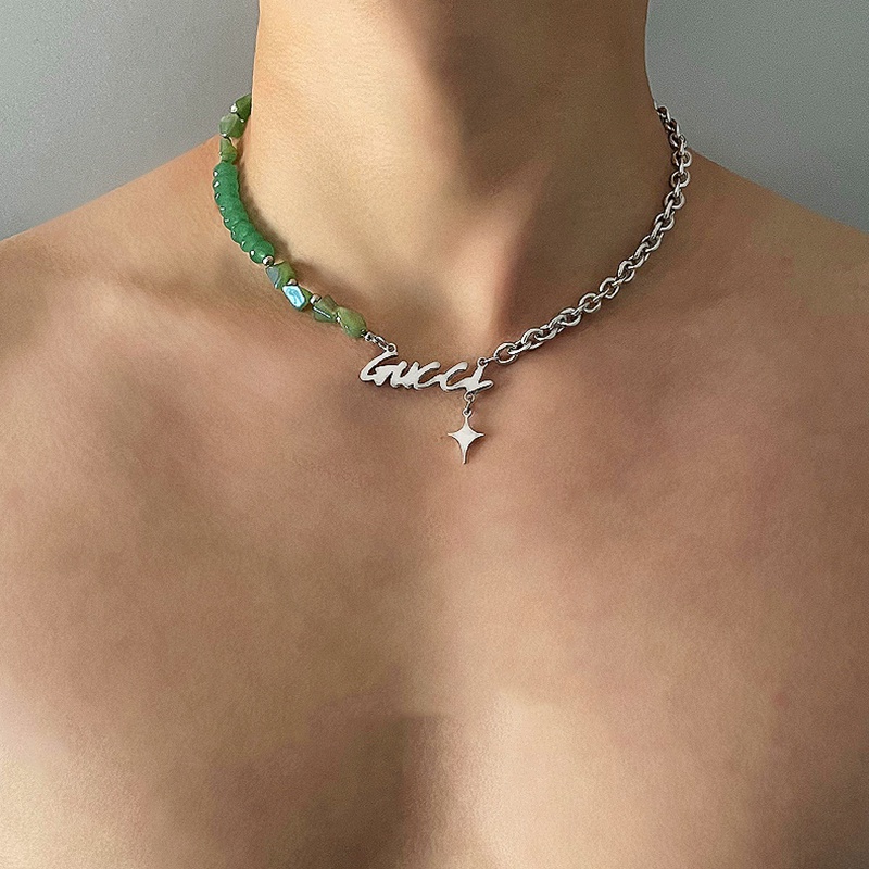 Vòng cổ Thép Titan Đính Đá Ngọc Bích Phong Cách Harajuku Sang Trọng