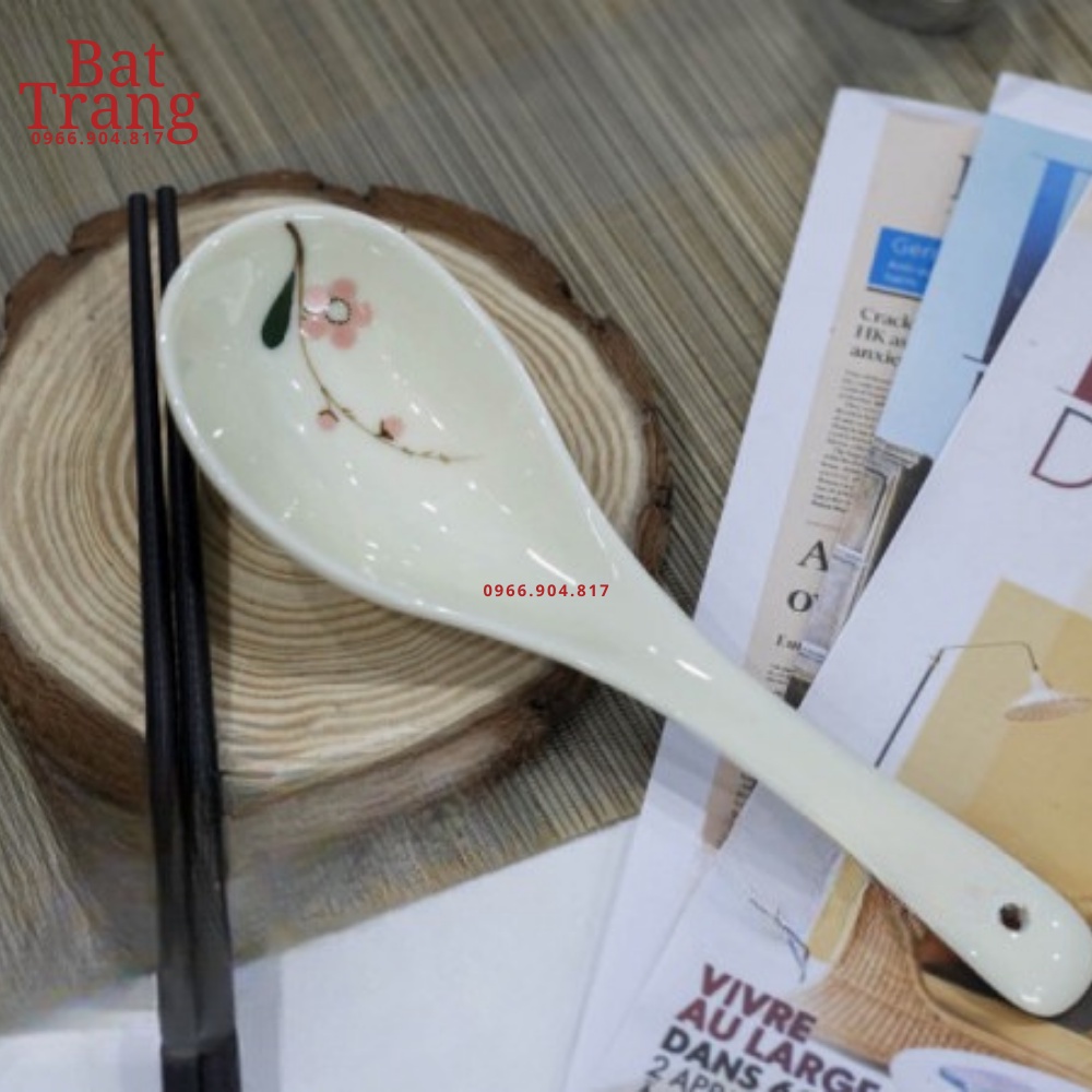 Muôi canh sứ ăn men kem Bát Tràng họa tiết vẽ tay - hàng có bảo hành