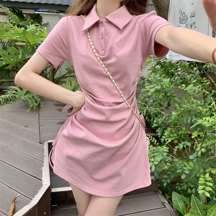 Váy nữ Body Dây Rút Hông Đầm Polo Body Dáng Ôm Cộc Tay 3 hồng xanh trắng tôn dáng V038