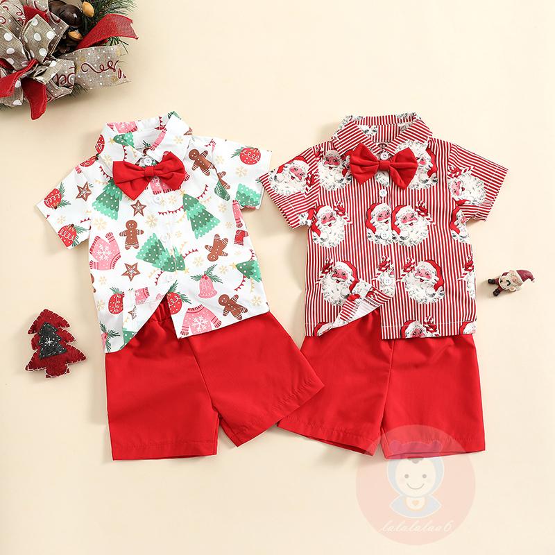 Laa6-boys Set Áo Thun Ngắn Tay In Hình Cây Thông Giáng Sinh Phối Nơ + Quần Short Giản Dị
