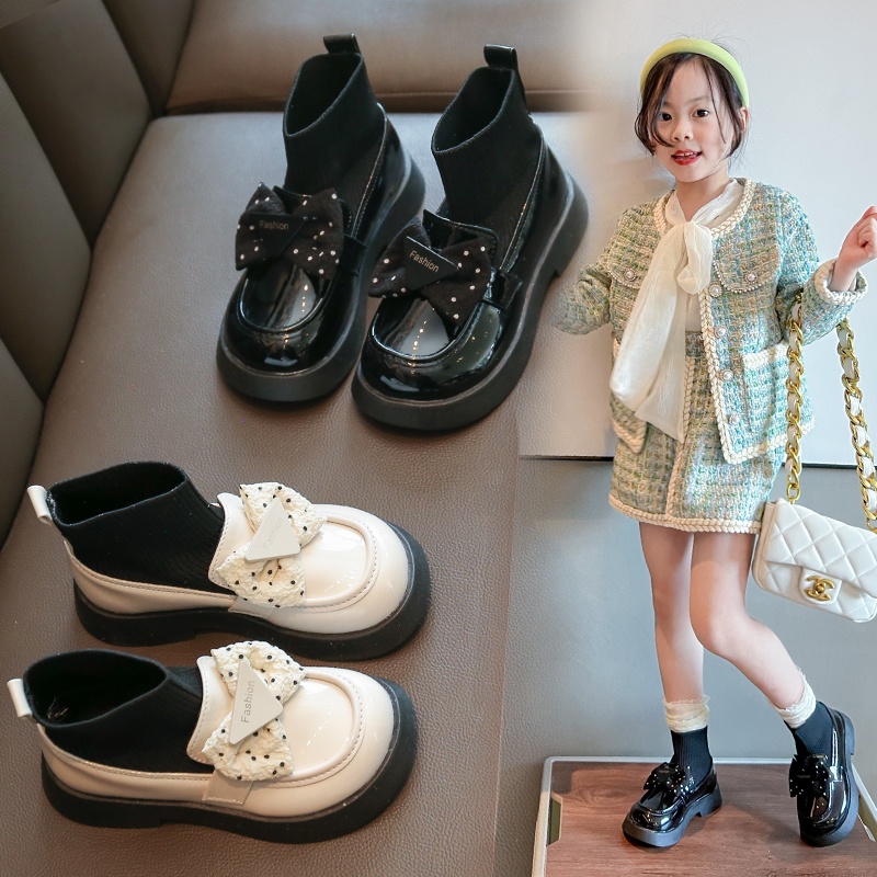 Giày Búp Bê Bé Gái 3 Tuổi Đến 10 Tuổi Giày Bốt Cổ Chun Len Đính Nơ Fashion