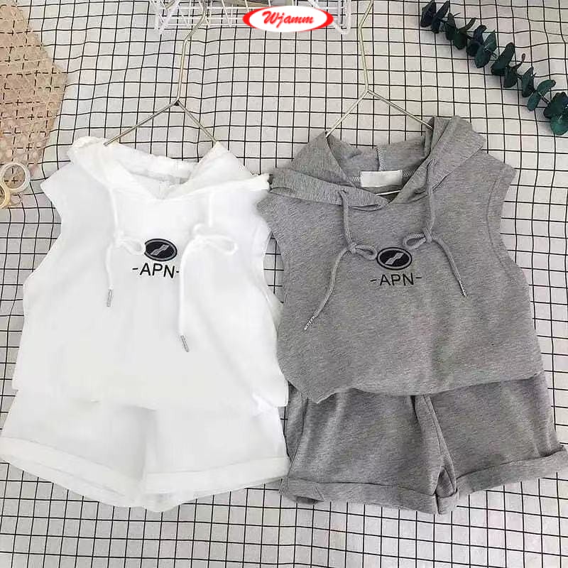Bộ áo hoodie không tay và quần short phong cách phương tây thời trang mùa hè dễ thương cho bé