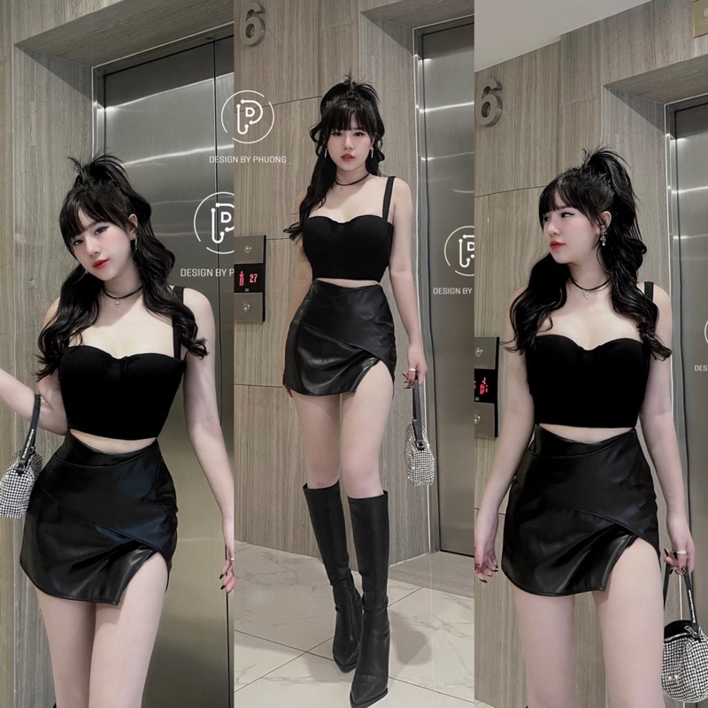 Sét áo tăm +chân váy da vạt chéo