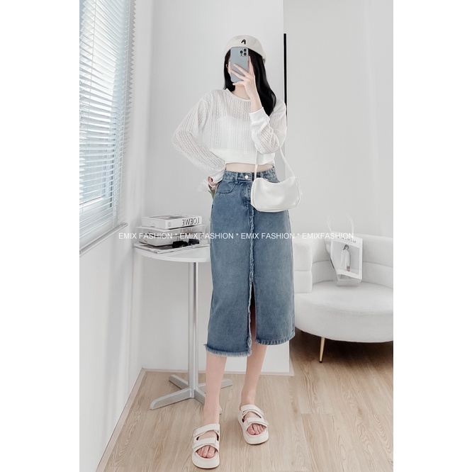 Chân váy jeans EMIX dáng dài xẻ vạt giữa, cạp cao, midi, dài khoảng 76cm 013