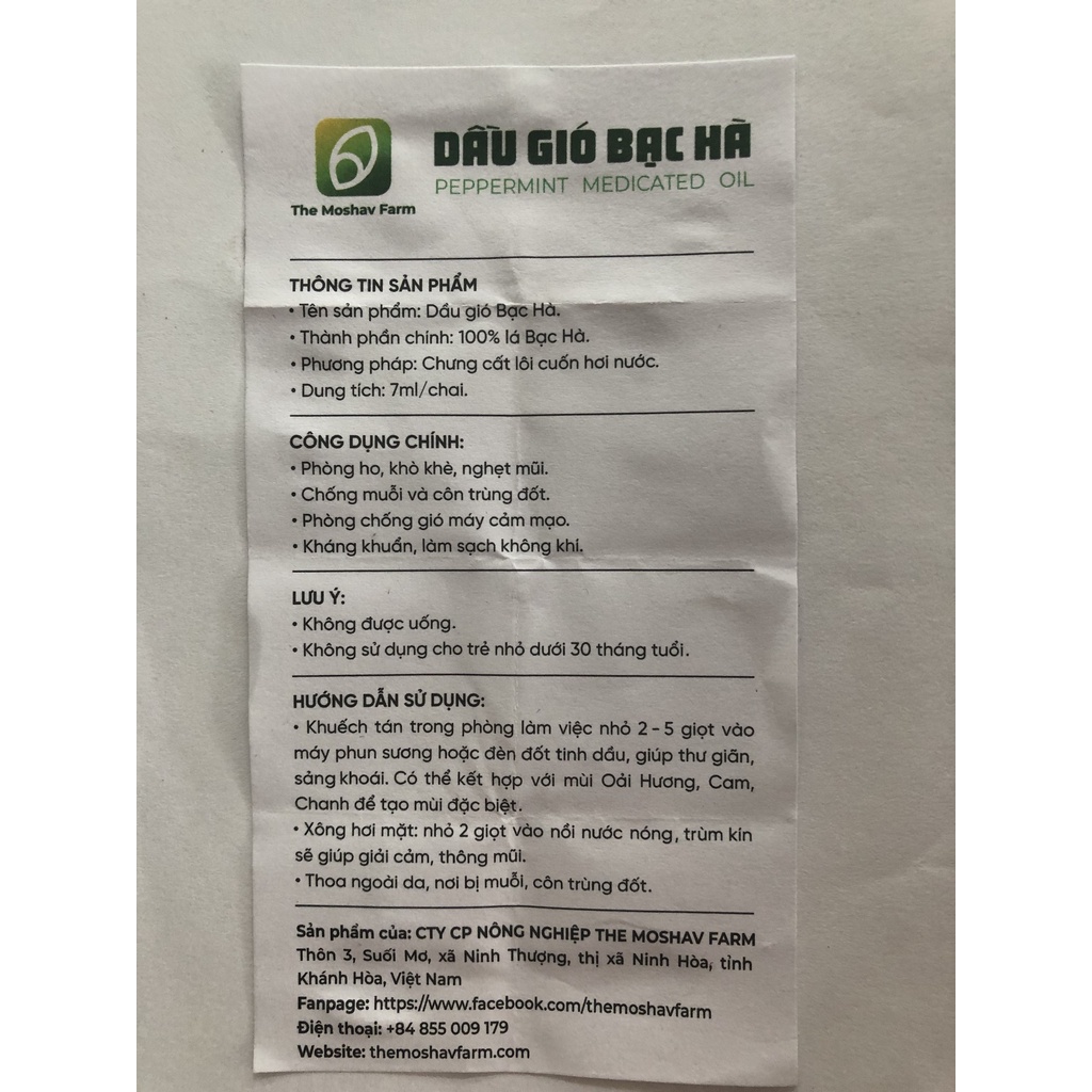 Dầu Gió Bạc Hà The Moshav Farm Hương Thơm Tự Nhiên Thông Mũi, Giúp Giảm Ngứa Cảm Lạnh, Đau Bụng, Đau Đầu, Say Xe 1 chai