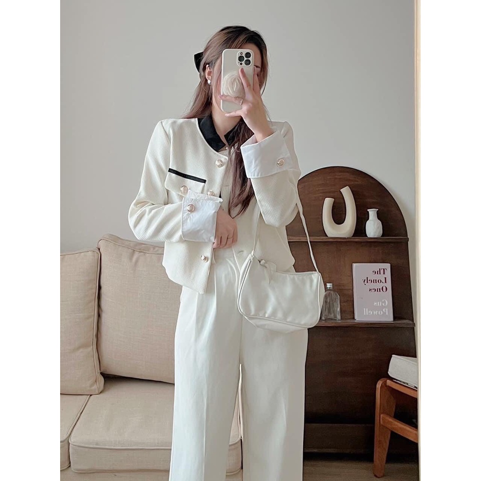 Áo dạ TWEED cúc đồng viền đen, tay phối sơ mi