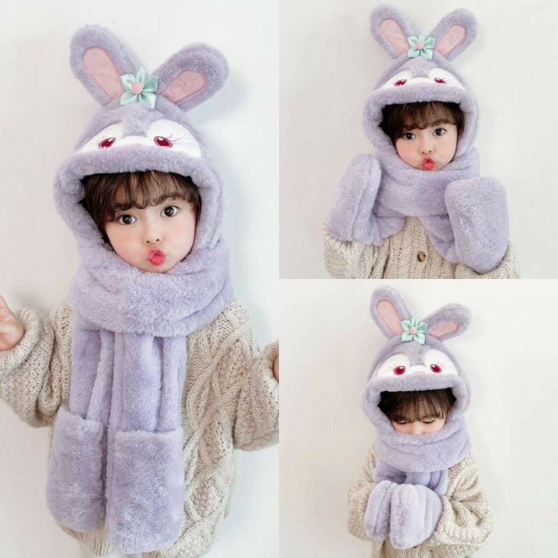 Mũ trùm đầu mùa đông 3 trong 1 kiêm khăn quàng cổ và găng tay hình thỏ đáng yêu cho bé gái