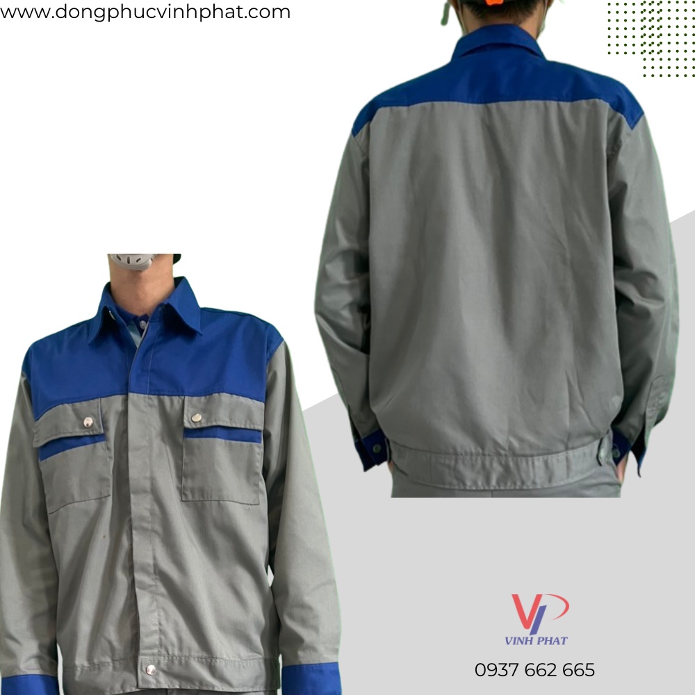 Quần Áo Bảo Hộ Lao Động Màu Xám Túi Hộp Kiểu Phối Xanh Bích Vải Kaki Bền Đẹp Công Nhân Kỹ Sư - Hình thật