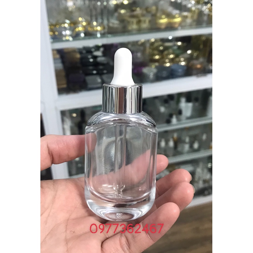 Chai lọ thủy tinh, chai chiết serum CHAI THỦY TINH DẸP 30ml ĐẦU BÓP