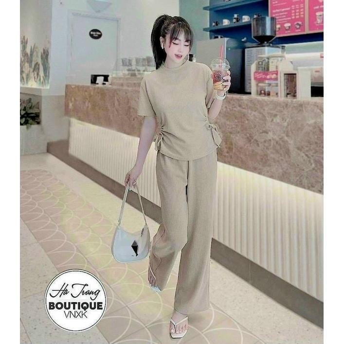 Sét bộ thời trang nữ mặc đi chơi chất thun gân  tay ngắn cổ tròn rút eo mix quần suông dài