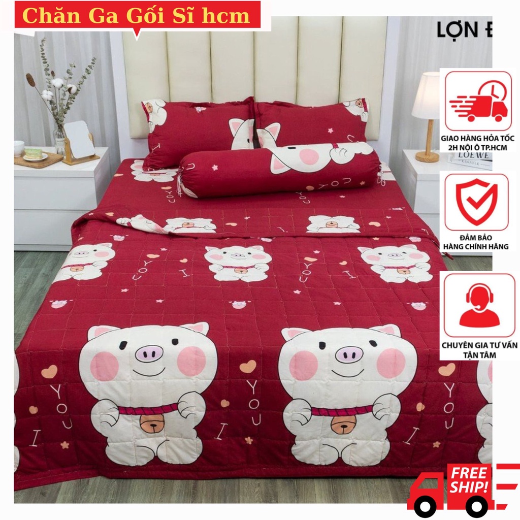Bộ ga gối chất liệu Polycotton 1m4X2M/1m6X2M, gồm 1 ga chun và 2 vỏ gối nằm, Bộ Ga Gối - MẪU HEO CON