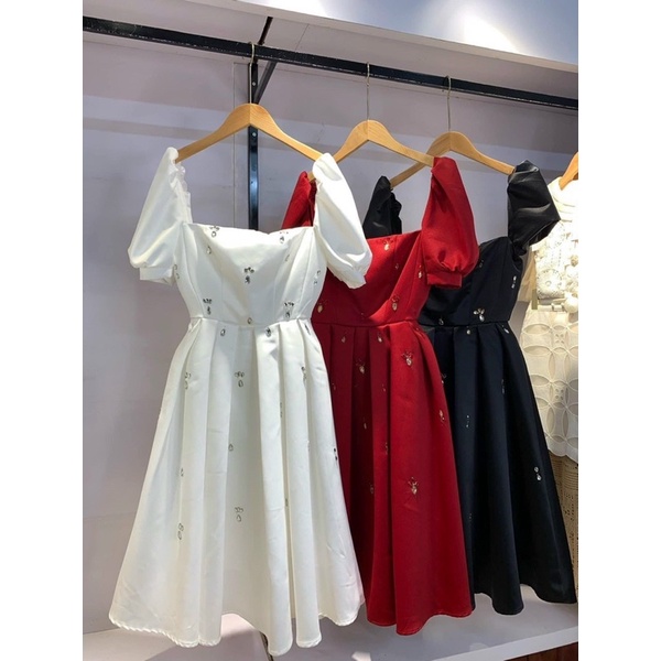 Đầm xoè dự tiệc bigsize TRIPBLE T DRESS đến 80kg cổ vuông tay ngắn phồng kết đá hạt - size M/L/XL/XXL -MS08L