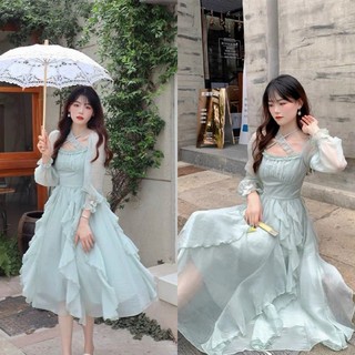 Đầm tiểu thư voan tơ cổ chéo đính bèo siêu xinh phong cách retro