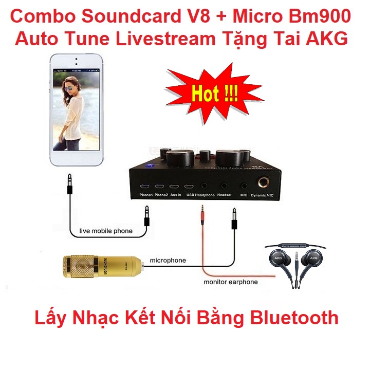 Bộ Soundcard V8 Bluetooth Micro Bm 900, Tặng Tai Nghe AKG-S10, Hát  Karaoke Livetream - Có AutoTune - Chuẩn Phòng Thu