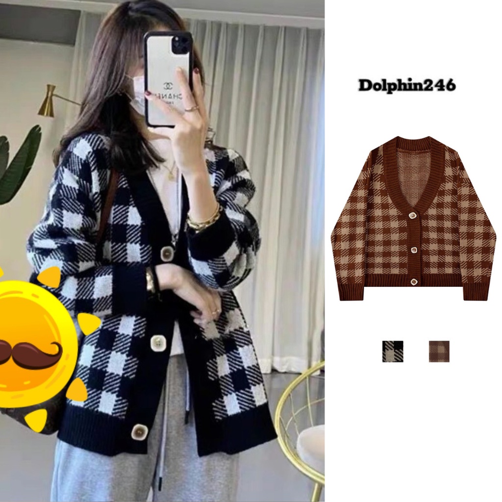 Áo cardigan khoác len nữ tay dài kẻ caro vintage nâu đen form dài rộng chất dày dặn kiểu Hàn Quốc hàng Quảng Châu H-12