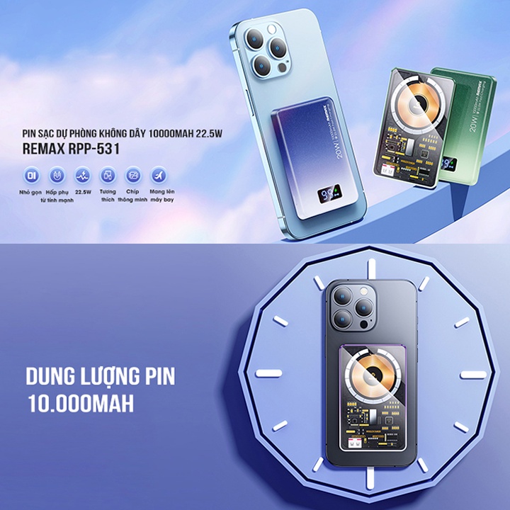 CHÍNH HÃNG  Pin dự phòng không dây hút tích điện Remax RPP-531 LCD 10000mAh, sạc nhanh QC22.5W /wireless 15W /PD 20W