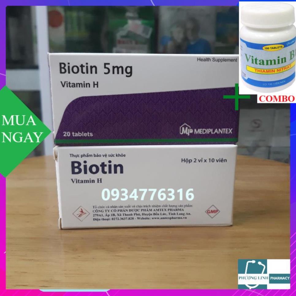 Combo Vitamin B1 chai 100 viên+ Biotin 5mg Bổ Sung Vitamin H, Vitamin B5 Hỗ trợ Giúp Tóc Mọc
