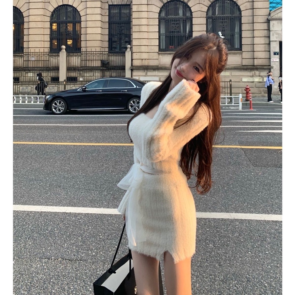 Mới Set Áo Sweater Giả Lông Chồn + Chân Váy Nhỏ Xinh Xắn Thời Trang Cho Chị Em Gái