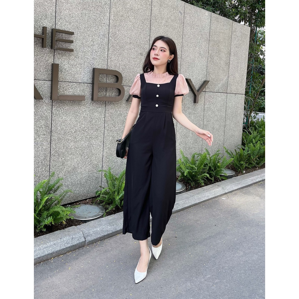 Jumpsuit dài ống rộng tay ngắn vai bồng chất voan thiết kế cao cấp J1096 màu đen thời trang nữ 2022 đủ size S M L XL 2XL