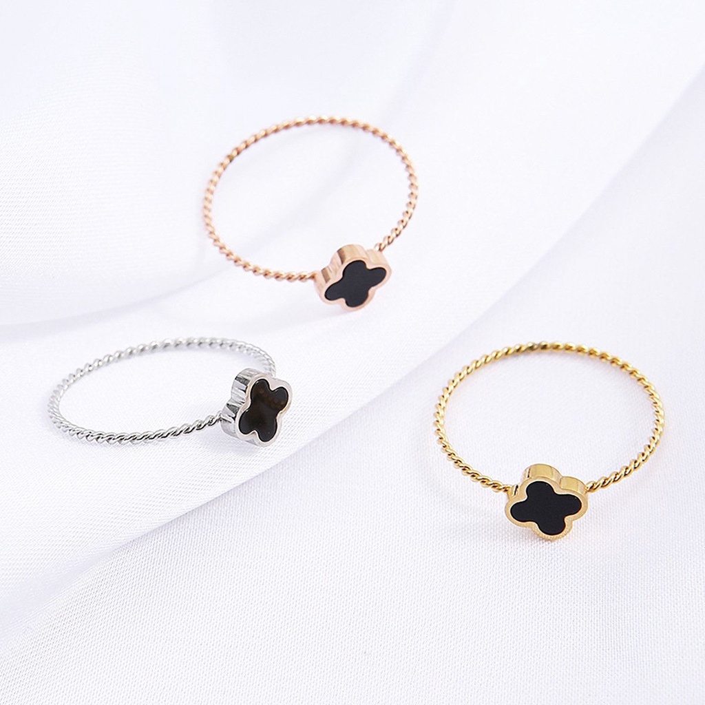 Nhẫn Hình Cỏ Bốn Lá Thời Trang Dành Cho Nữ | Nhẫn Thép Titan Đen Đính Đá Mã Não Thời Trang | Nhẫn Inox Thời Trang Xinh Xắn Dành Cho Nữ