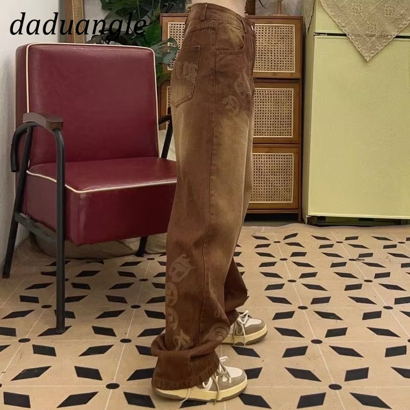 Quần jean Daduhey ống rộng lưng cao họa tiết chữ phong cách retro thời trang Mỹ