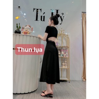 Đầm cổ tròn tay ngắn dáng dài xòe hở lưng cột dây chất thun lụa