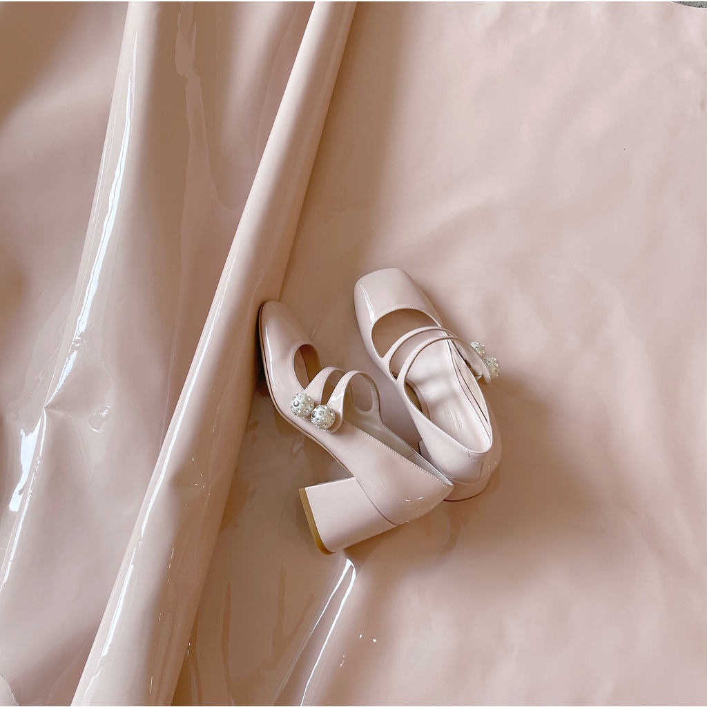 Giày gót cao đính ngọc trai giả phong cách Mary Jane màu nude kiểu Pháp