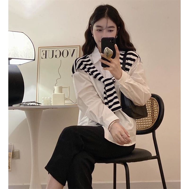 Áo Sơ Mi Nữ Dài Tay Cổ Tròn Sọc Dọc Thời Trang